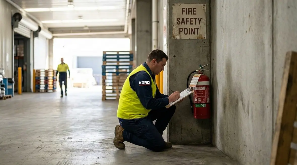 Warehouse fire extinguisher placement with clear visibility and access routes