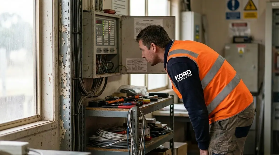 Technician reviewing fire protection system upgrade plans in a commercial facility