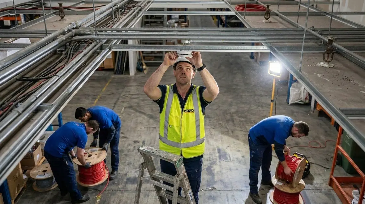 Upgraded fire alarm and detection devices being installed in an occupied facility