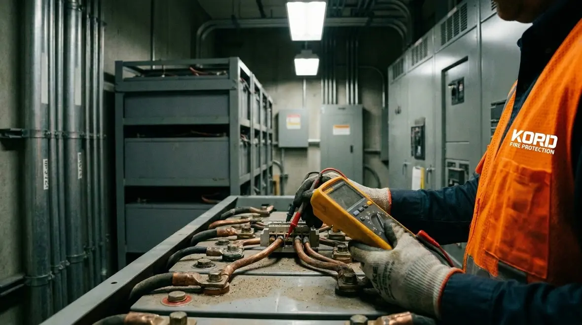 Technician reviewing fire alarm battery and charger redundancy
