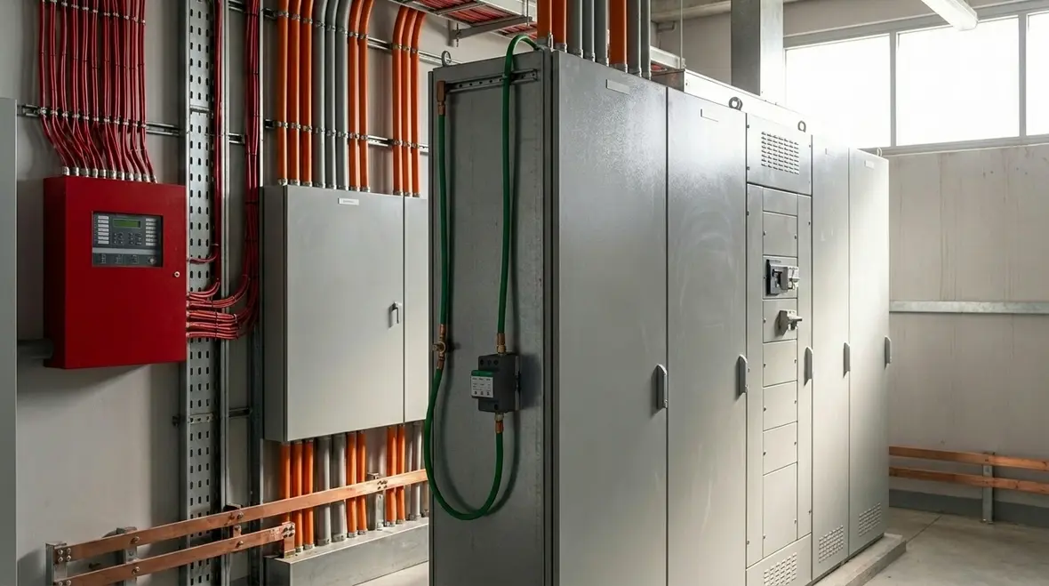 Technician reviewing fire alarm surge protection layout in an Australian commercial facility