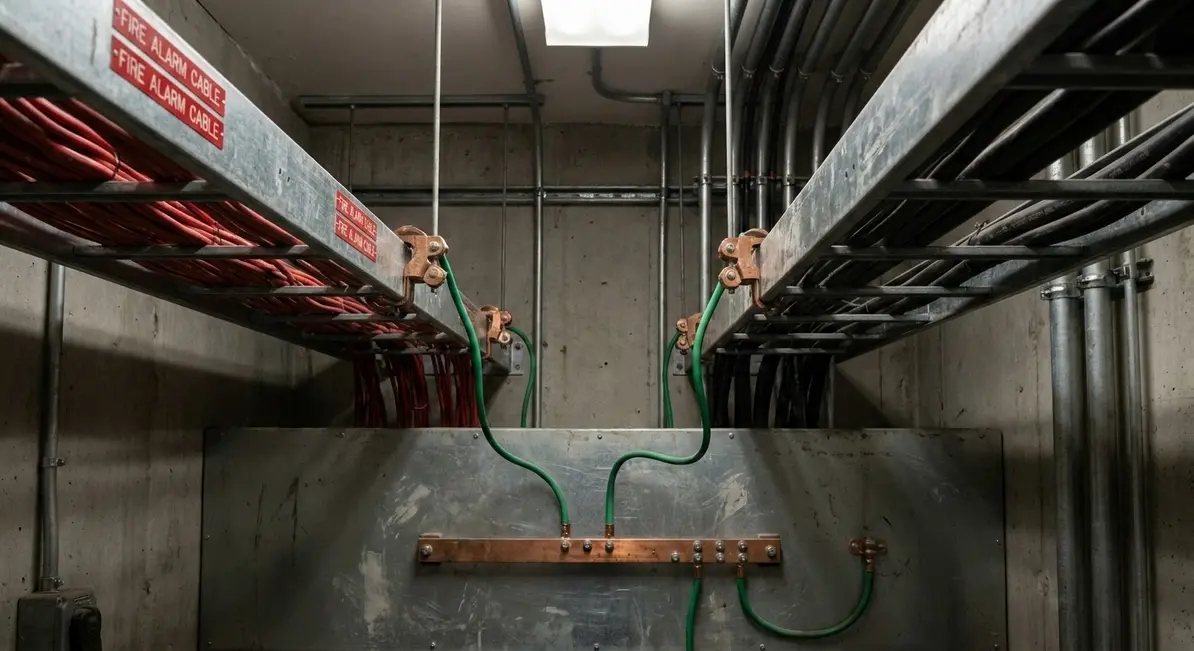 Electrical panel and routed fire alarm cabling in a facility requiring surge protection