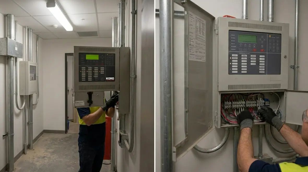 Technician reviewing fire alarm surge protection components in a commercial facility