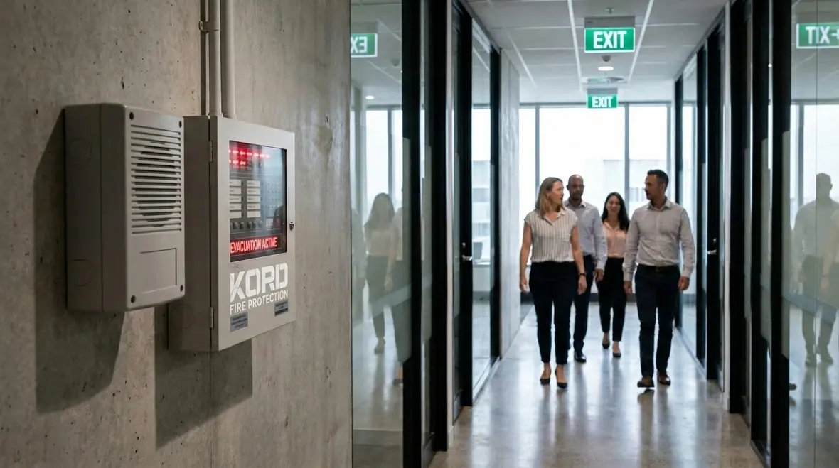 Voice evacuation speakers and fire alarm controls in a commercial building