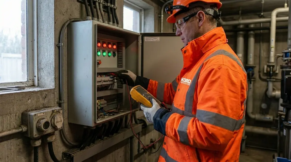 Technician inspecting fire pump electrical controller cabinet