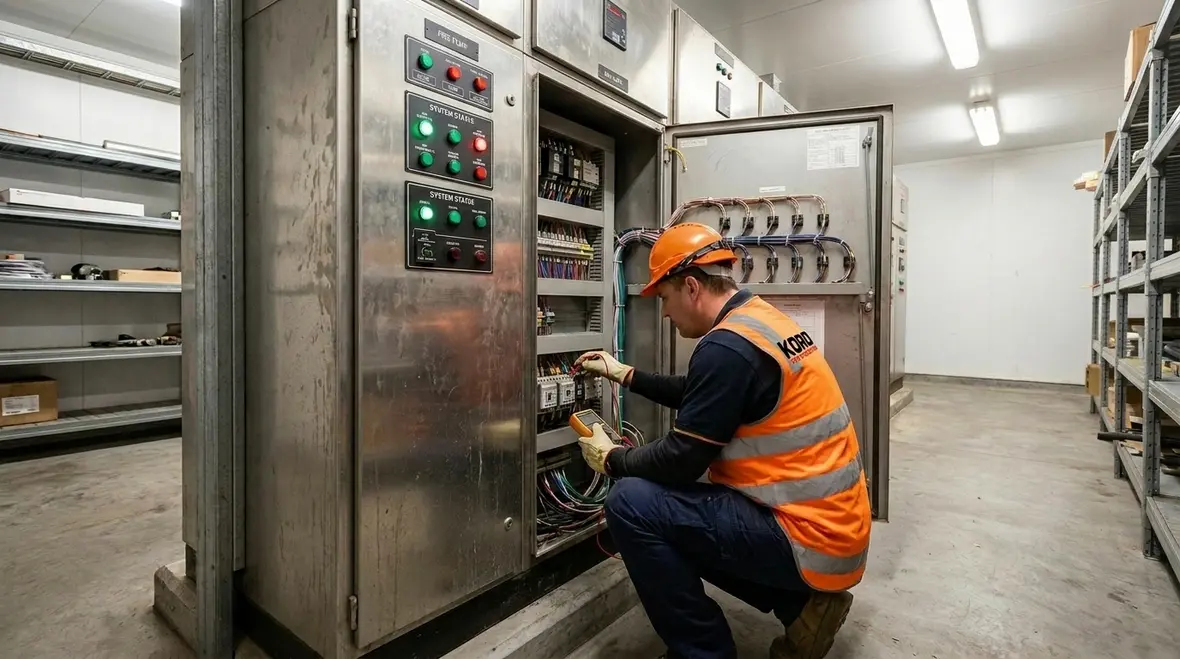 Technician inspecting fire pump controller wiring and electrical components