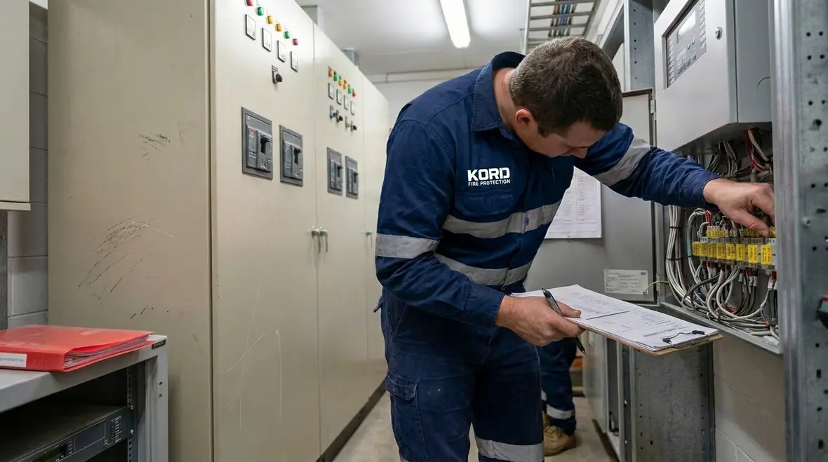 Technician reviewing fire safety electrical compliance connections