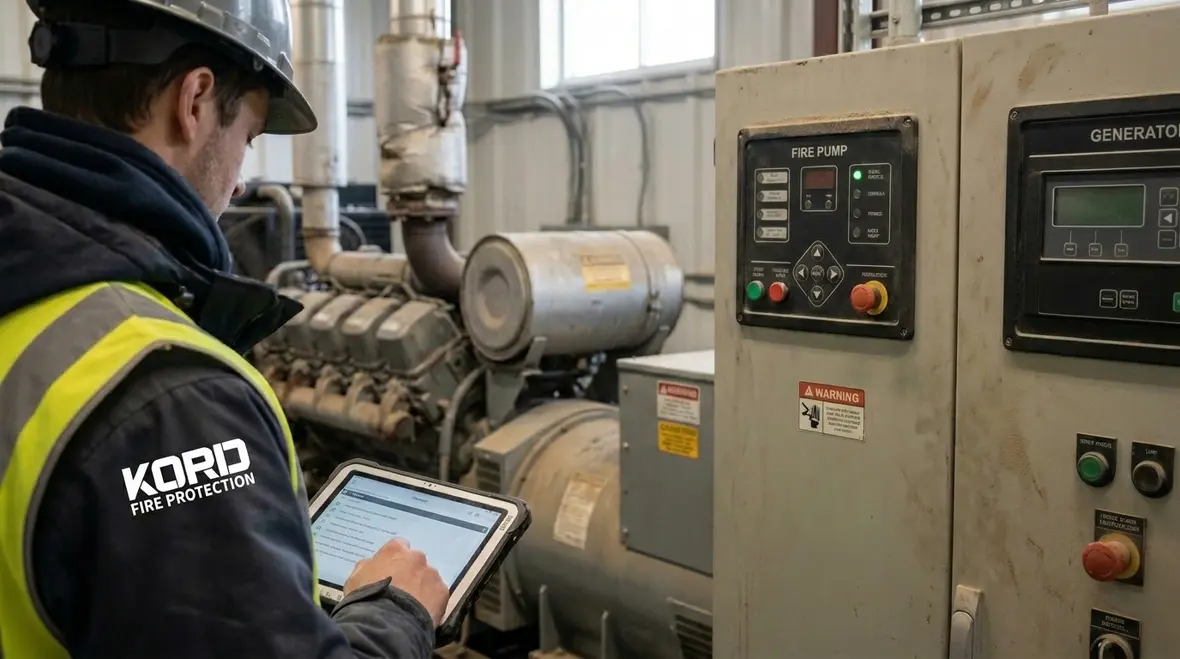 Technician checking a fire suppression system pump in a high rise plant room