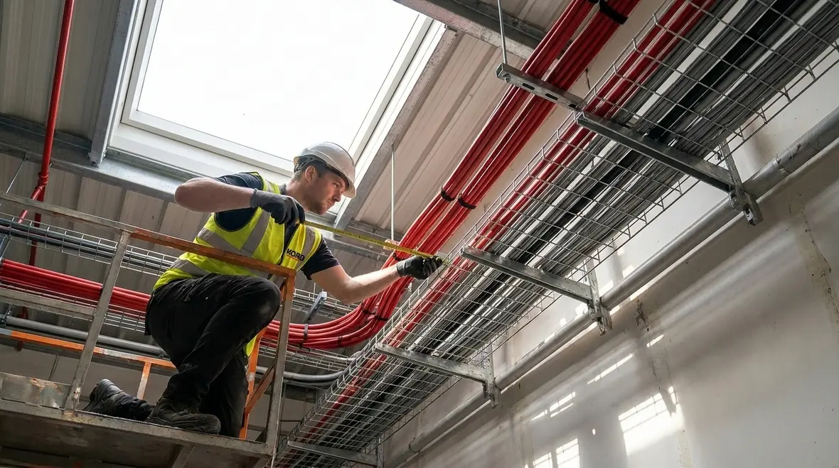 Planned cable routing for fire suppression system wiring in industrial space