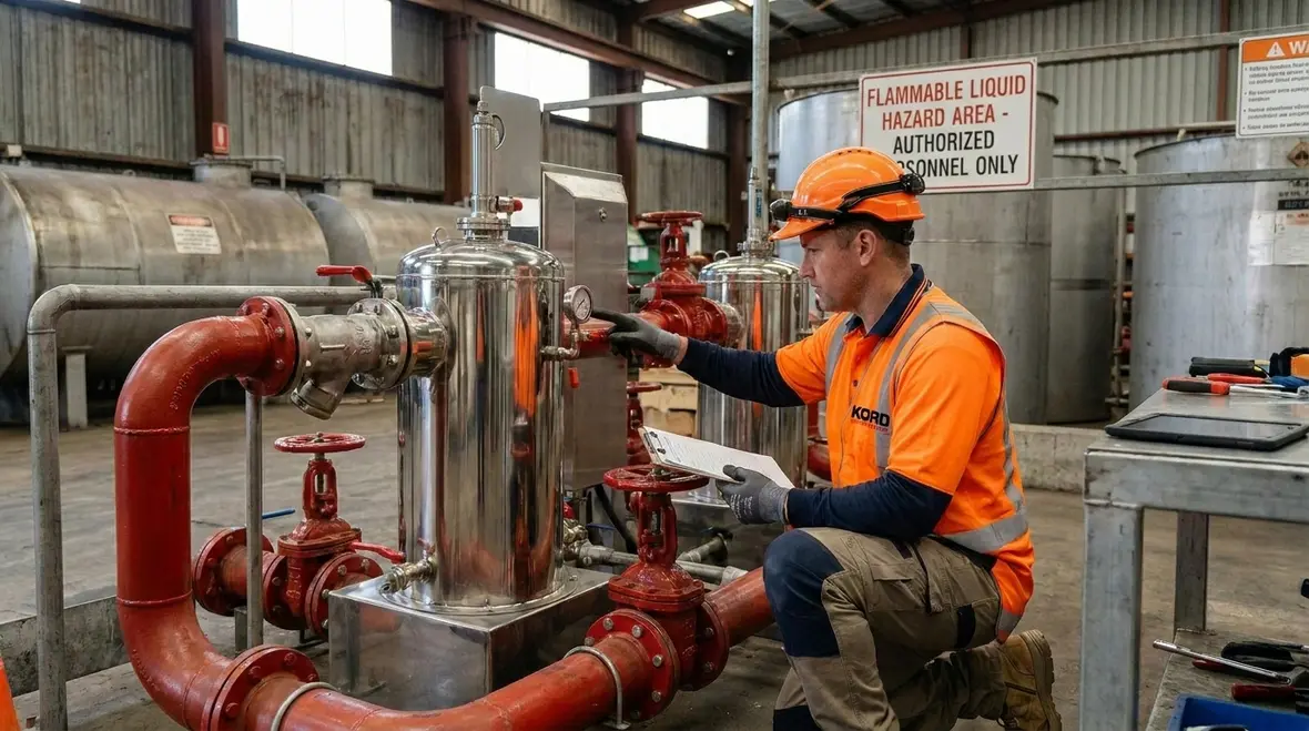 Technician reviewing fluorine-free foam F3 fire suppression equipment