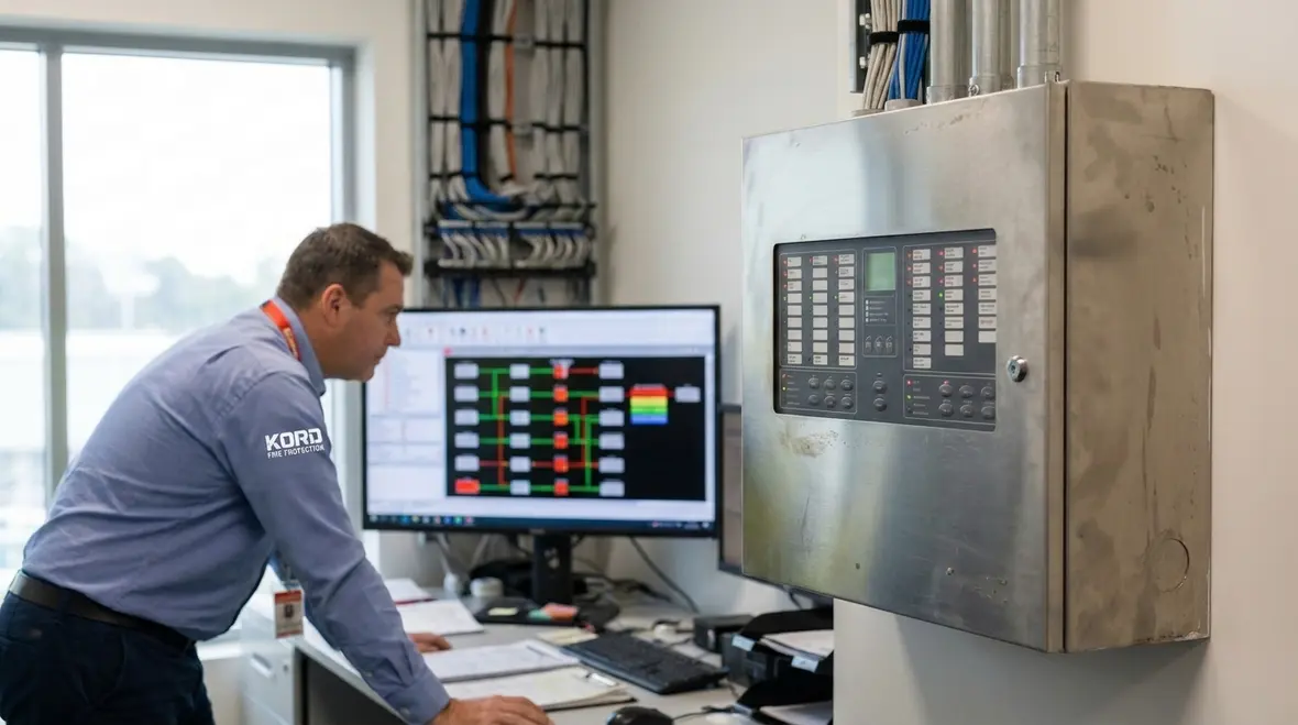 Technician reviewing smart fire alarm panel connectivity layout