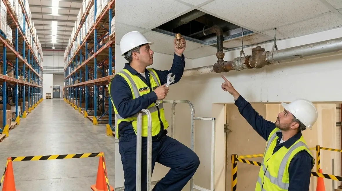 Inspection of sprinkler spray coverage near warehouse obstructions