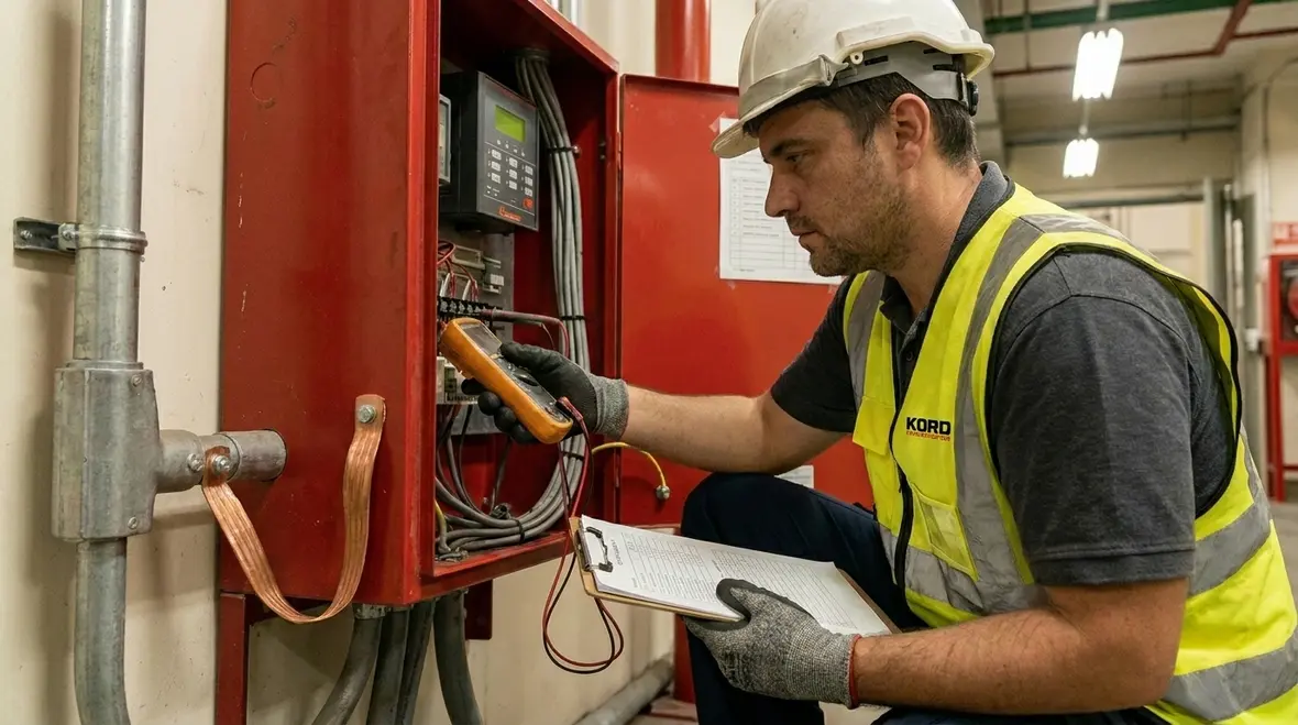 Technician inspecting earthing and sprinkler panel surge protection connections