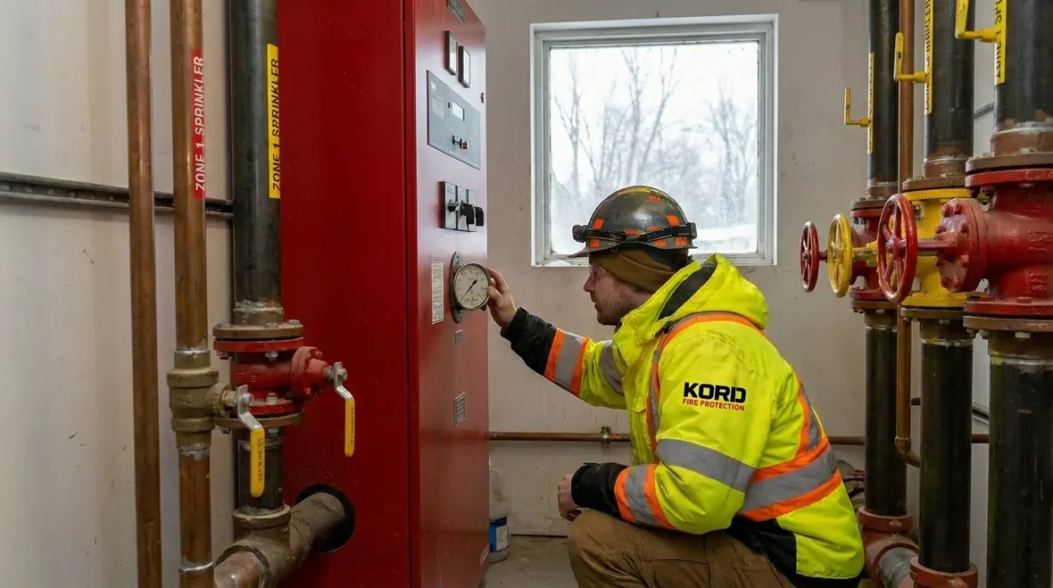 Technician reviewing sprinkler winterization points in a commercial facility