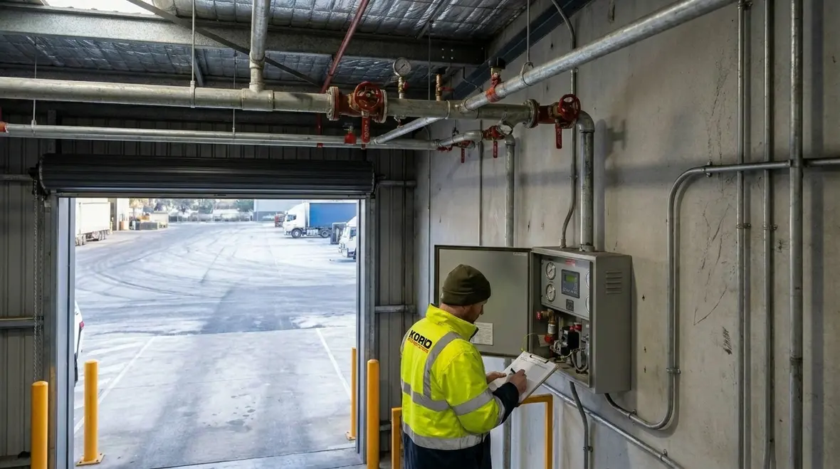 Commercial sprinkler valves and drains prepared for winterization