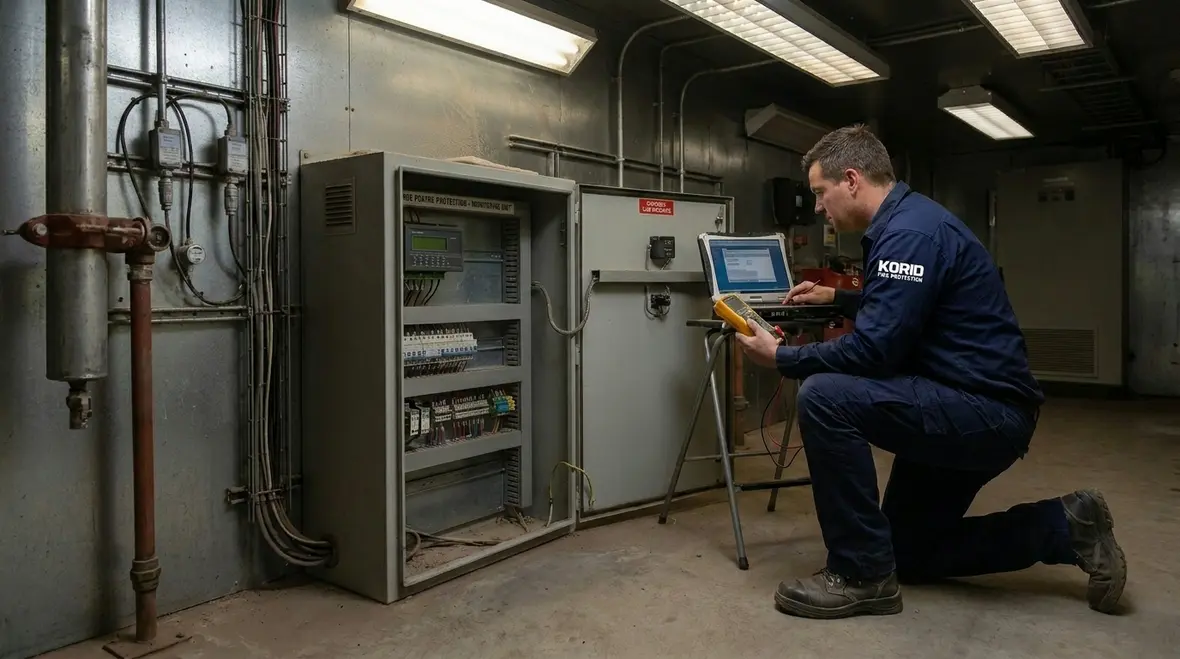 Technician inspecting electrical monitoring components on a standpipe system