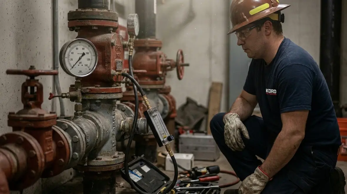 Technician performing standpipe system integrity testing in a high rise building