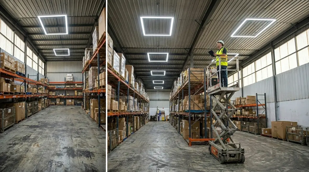 LED warehouse lighting upgrade above storage aisles