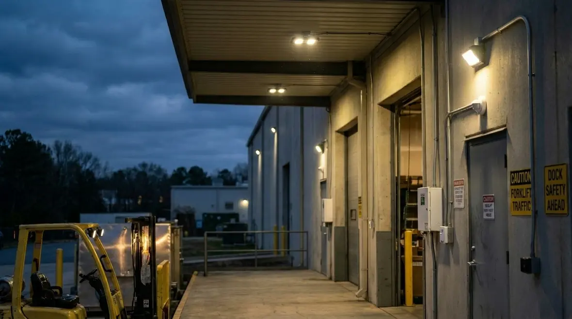 Warehouse ceiling lighting layout showing bright aisles and loading areas