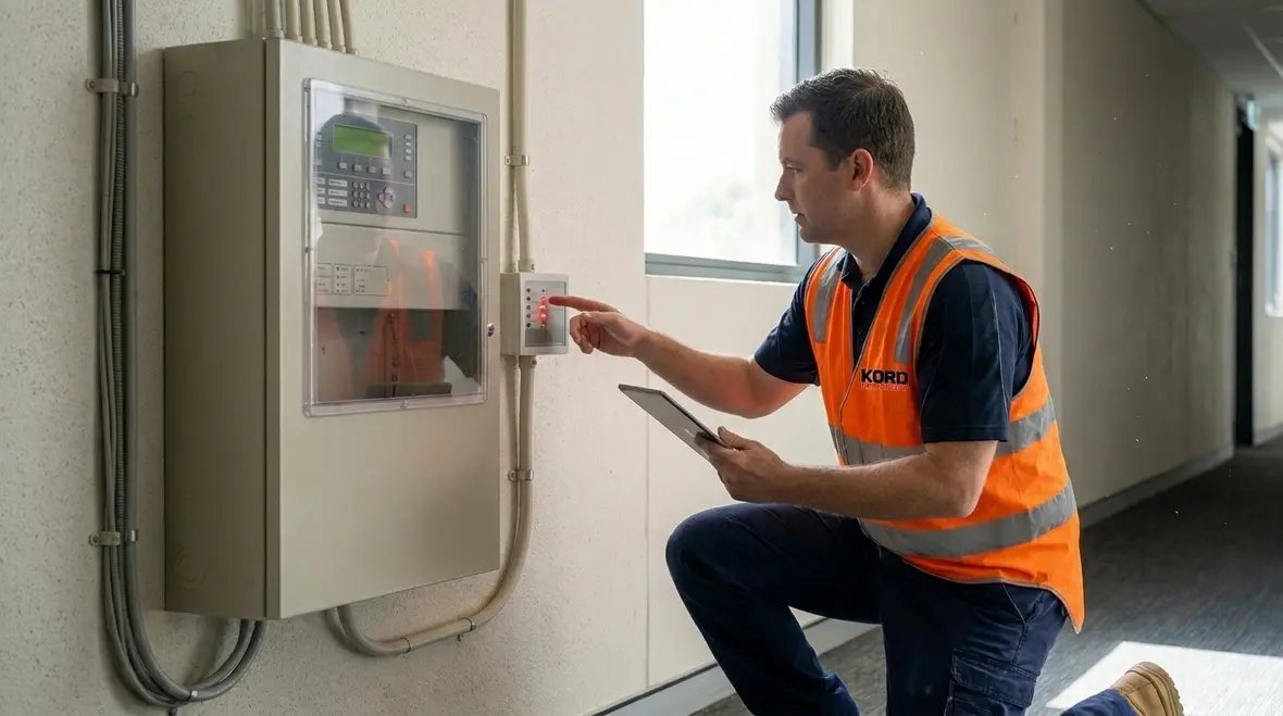 Office fire alarm control panel with addressable devices