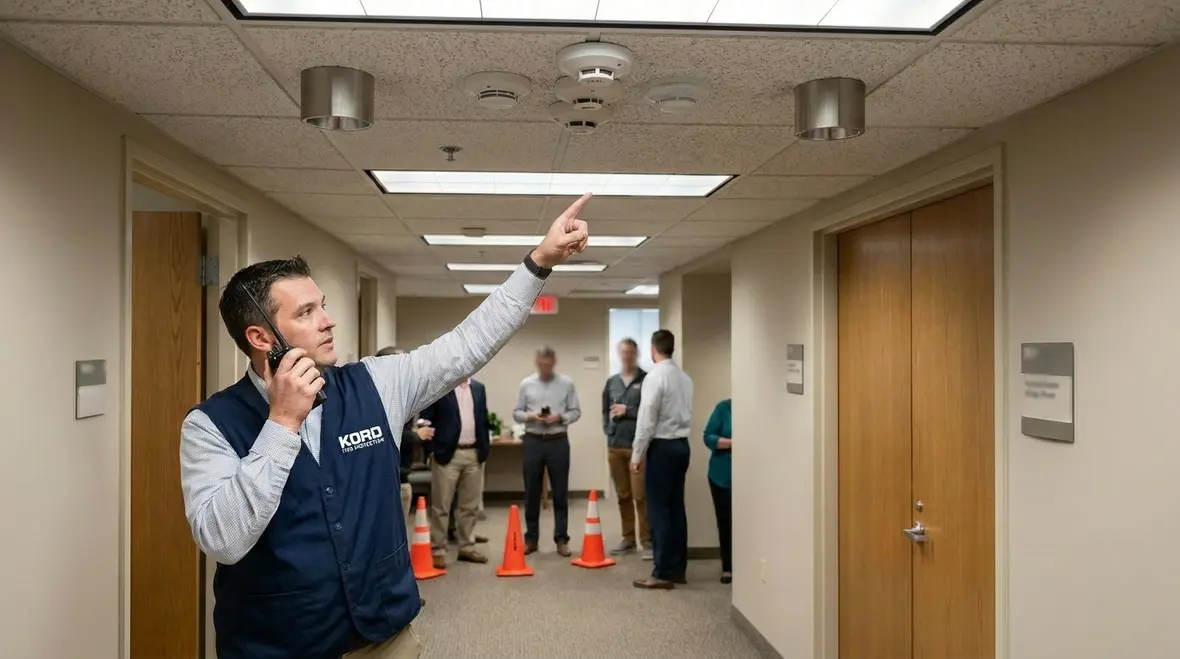 Technician inspecting addressable fire alarm devices in an office