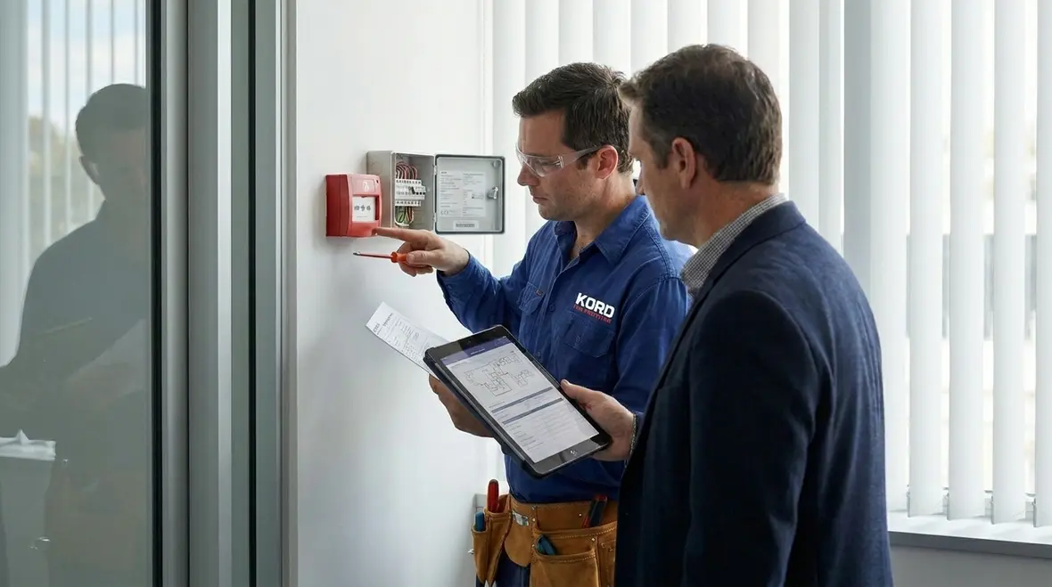 Office hallway with fire alarm devices and emergency response planning