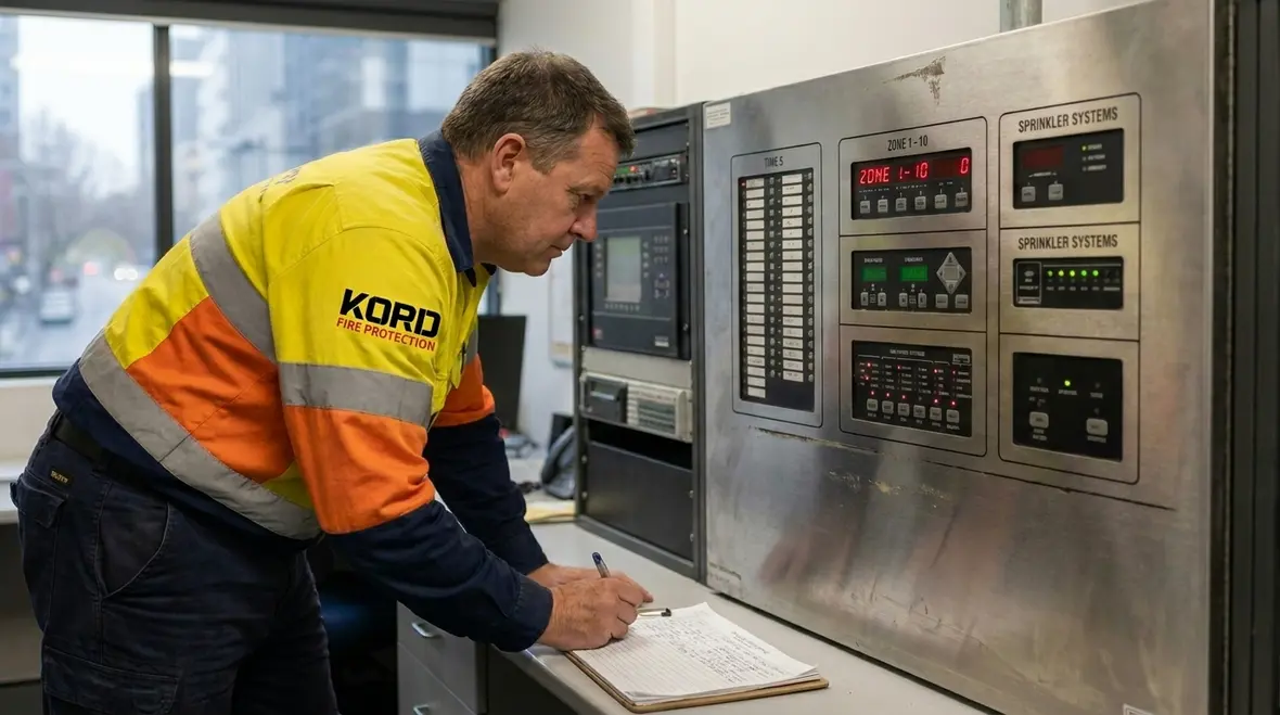 Centralized fire protection control panel managing multiple building zones