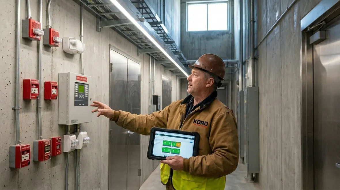 Facilities team reviewing centralized fire alarm and suppression control information