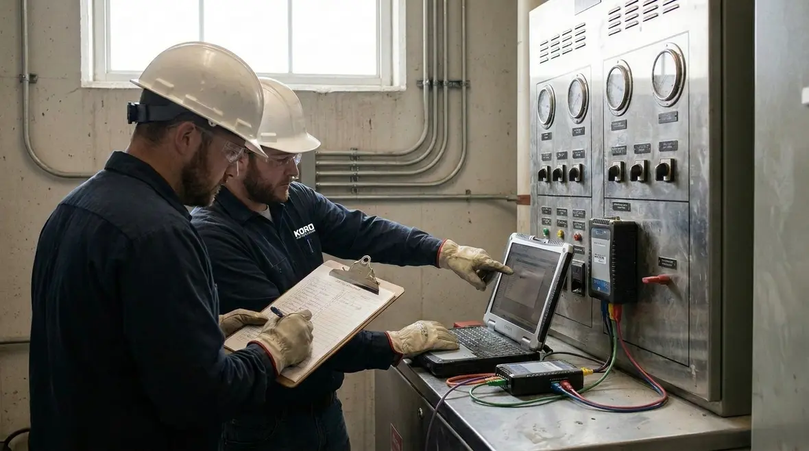 Technician supporting centralized fire protection control commissioning and maintenance