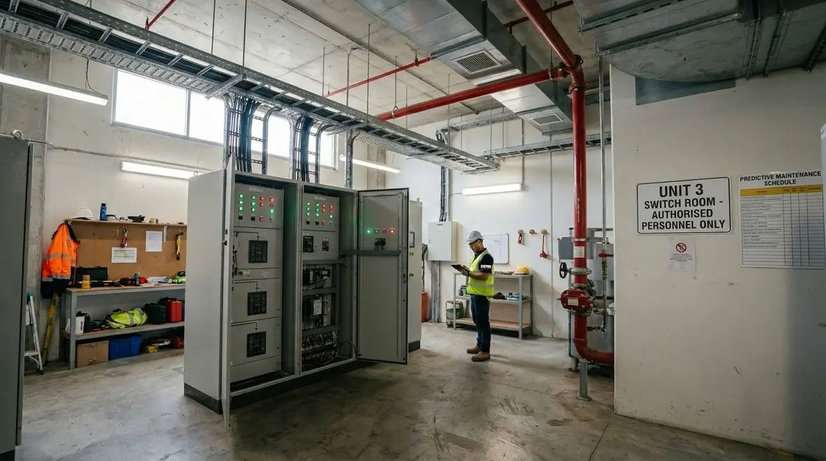 Technician servicing automated fire suppression system components