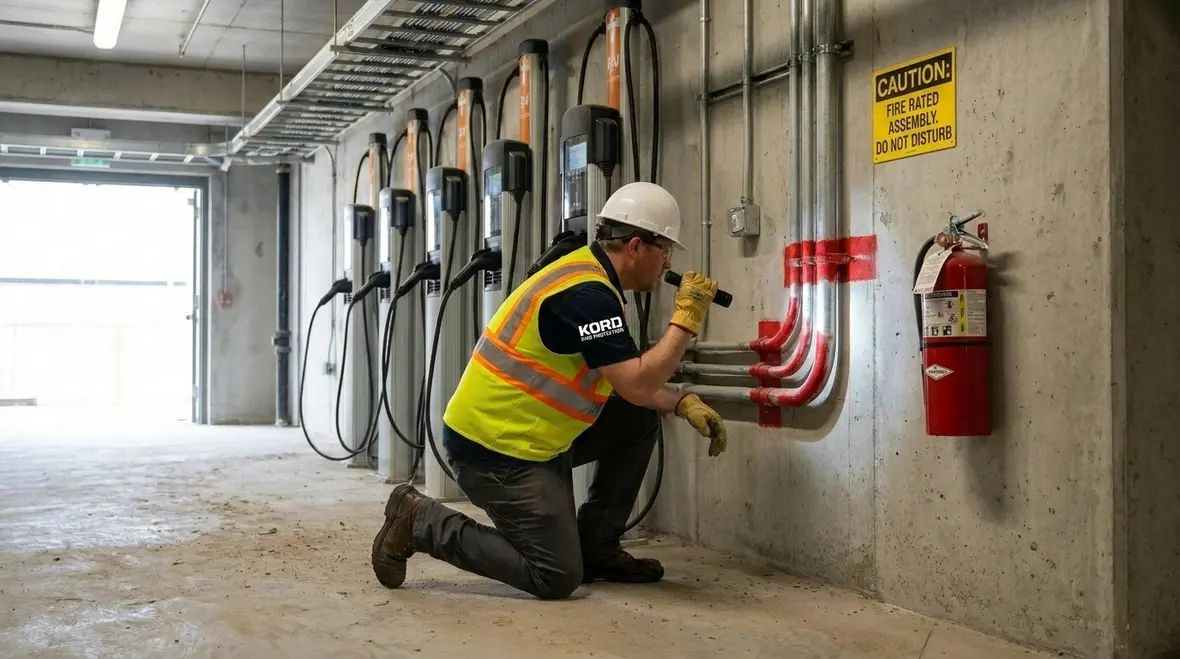 Commercial EV charger cabling routes and accessible parking layout