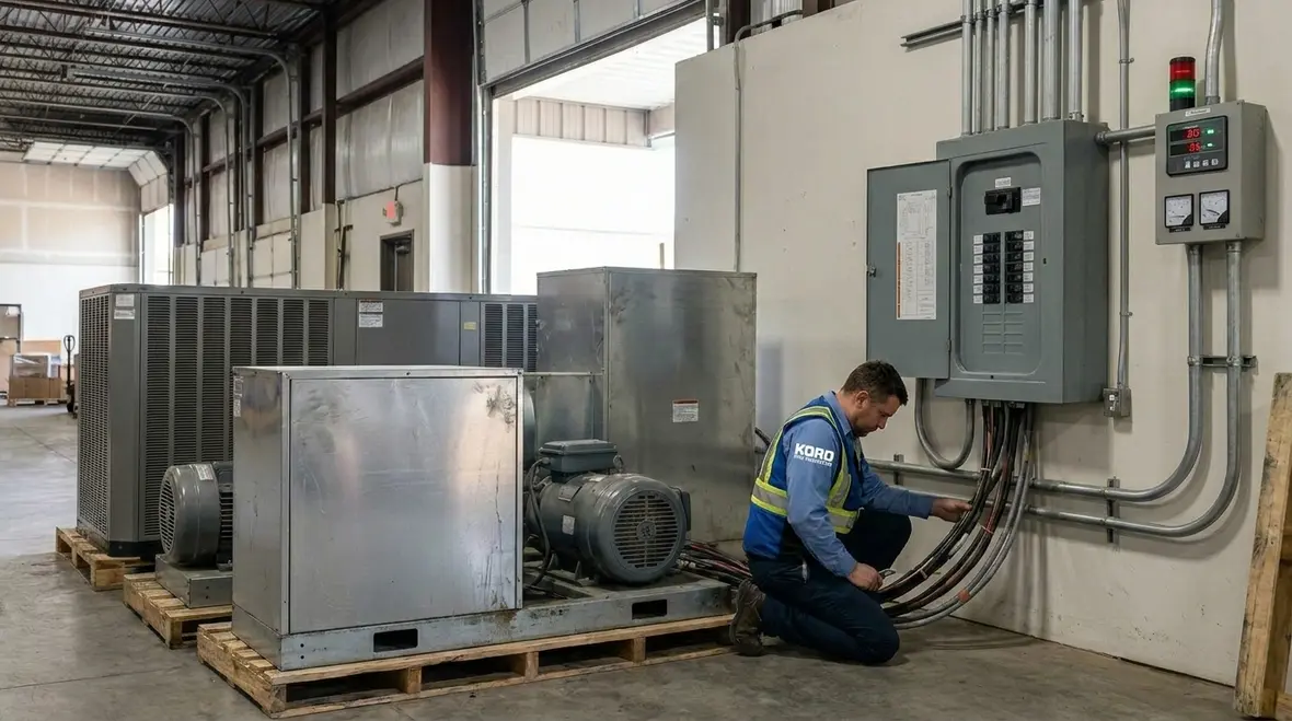 Technician reviewing commercial electrical load schedules and distribution boards