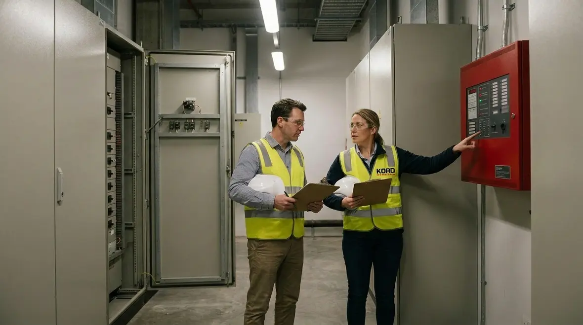Commercial facility electrical room with technician checking load capacity