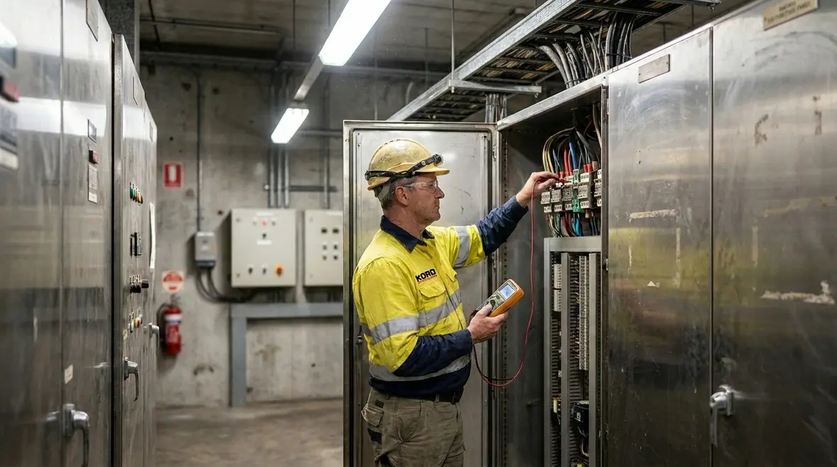 Technician reviewing commercial electrical safety audit items in an Australian facility