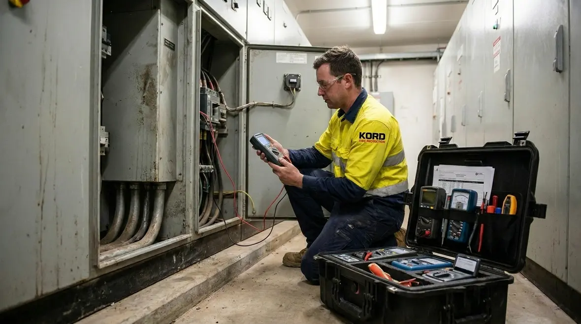 Technician performing commercial facility electrical health auditing on power distribution equipment