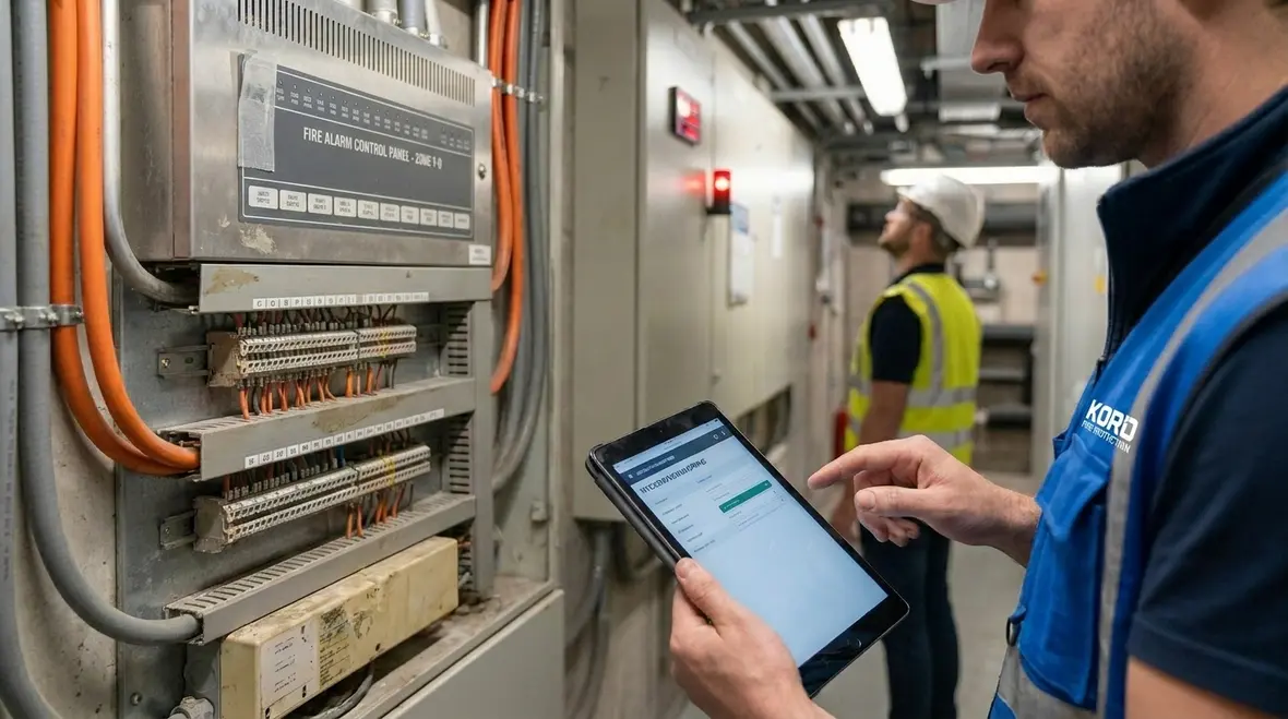 Facilities team reviewing fire alarm integration data and alerts