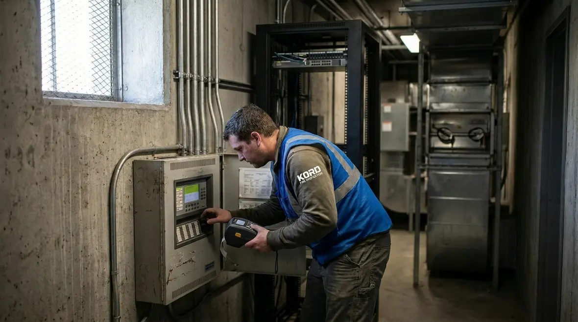 Building automation dashboard coordinating commercial fire alarm responses