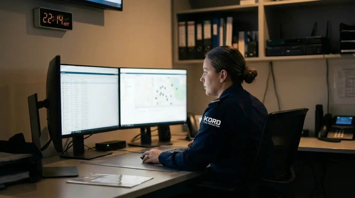 Commercial fire alarm monitoring dashboard in a busy facility