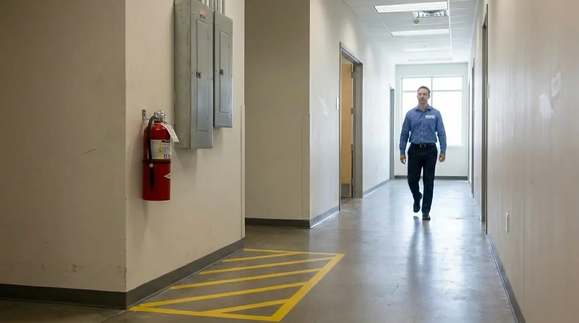 Commercial fire extinguisher installed at practical mounting height on a facility wall