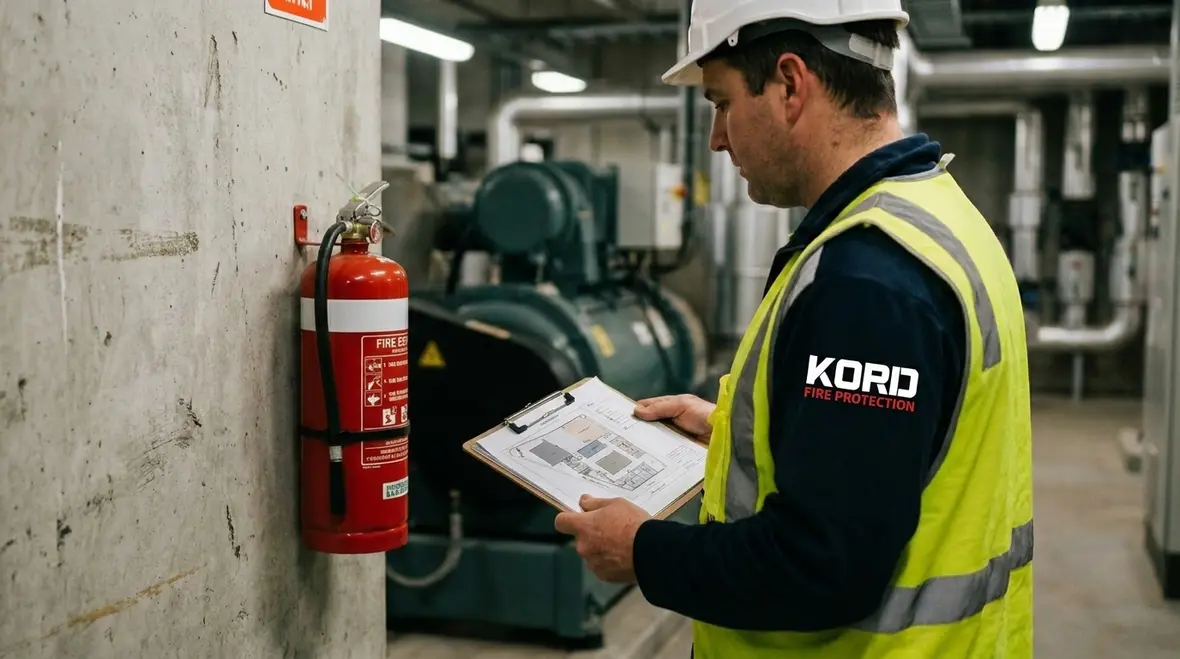 Facility team reviewing risk mapped fire extinguisher placement in a commercial building