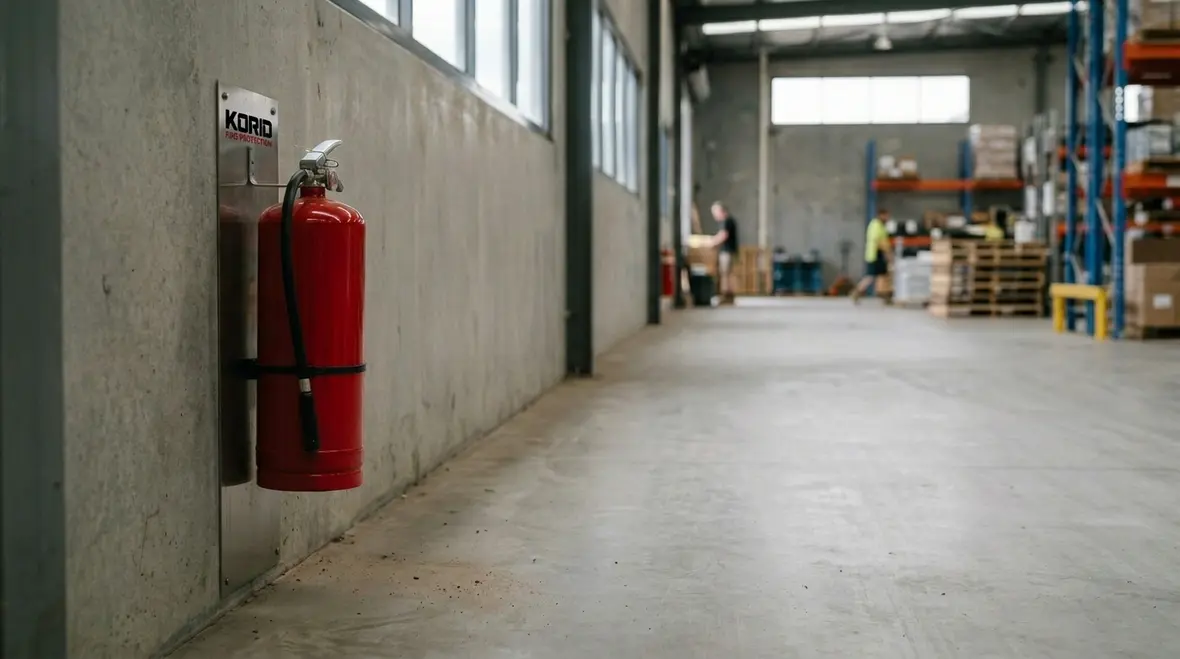 Accessible commercial fire extinguisher mounted along a clear staff pathway