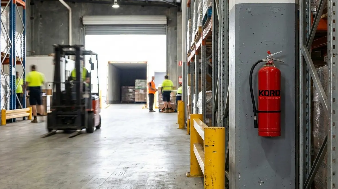 Commercial fire extinguisher mounted visibly along a workplace corridor