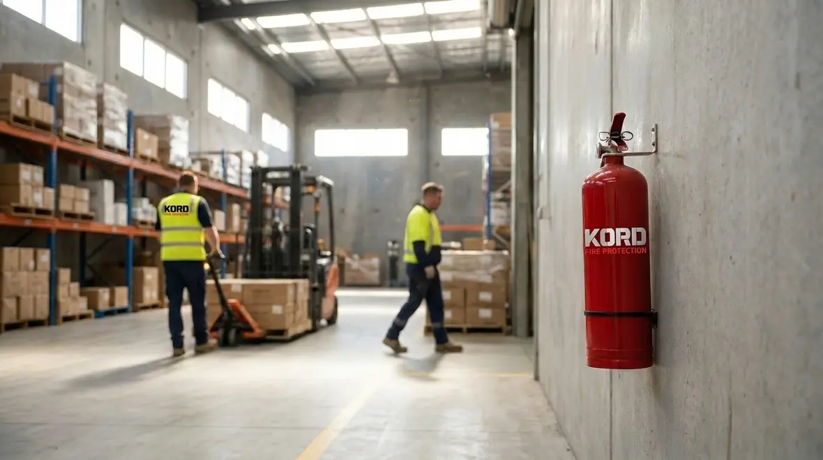 Commercial fire extinguisher mounted in a visible corridor for fast access