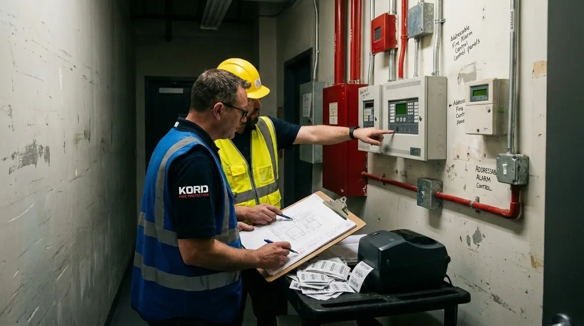 Commercial building fire alarm panel showing faults and service needs