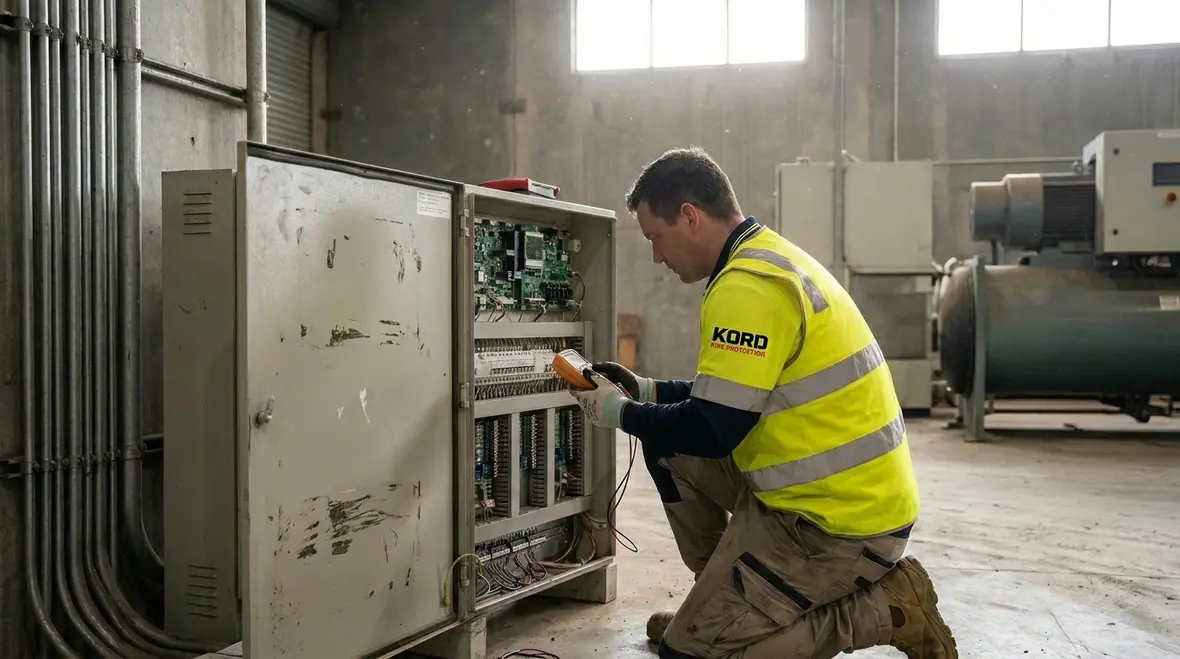 Technician reviewing commercial fire alarm panel upgrade timing