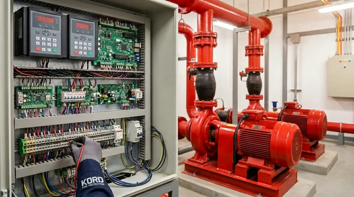 Commercial fire pump controllers in an industrial facility