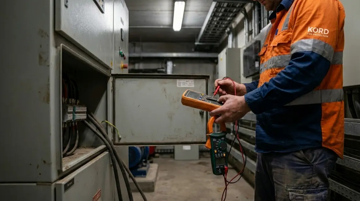 Technician performing advanced commercial fire pump diagnostics on electrical controls