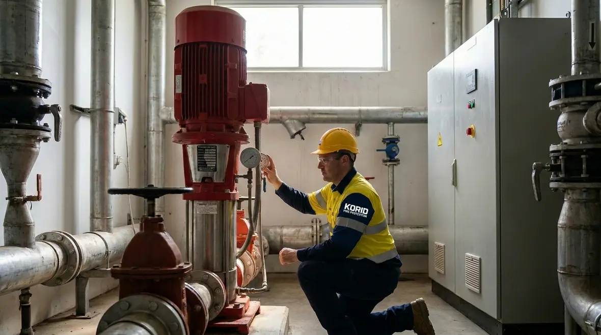 Technician performing commercial fire pump maintenance checks in pump room