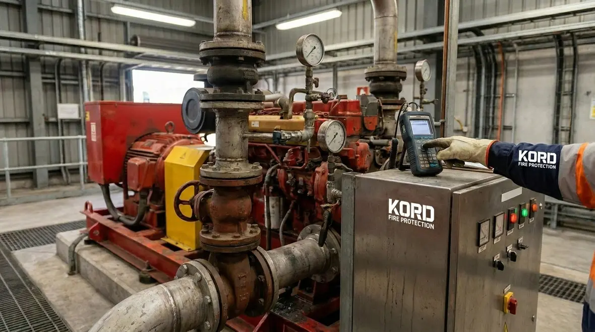 Technician performing commercial fire pump reliability testing on a fire pump system in Australia