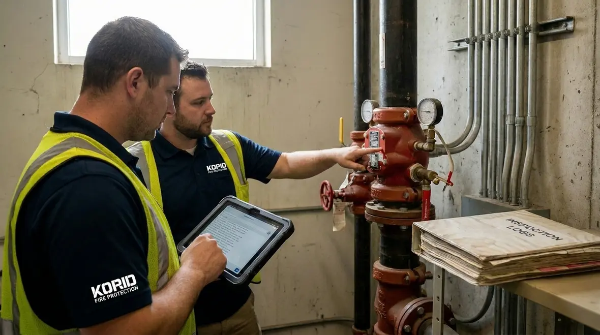 Industrial facility fire sprinkler remote monitoring response workflow